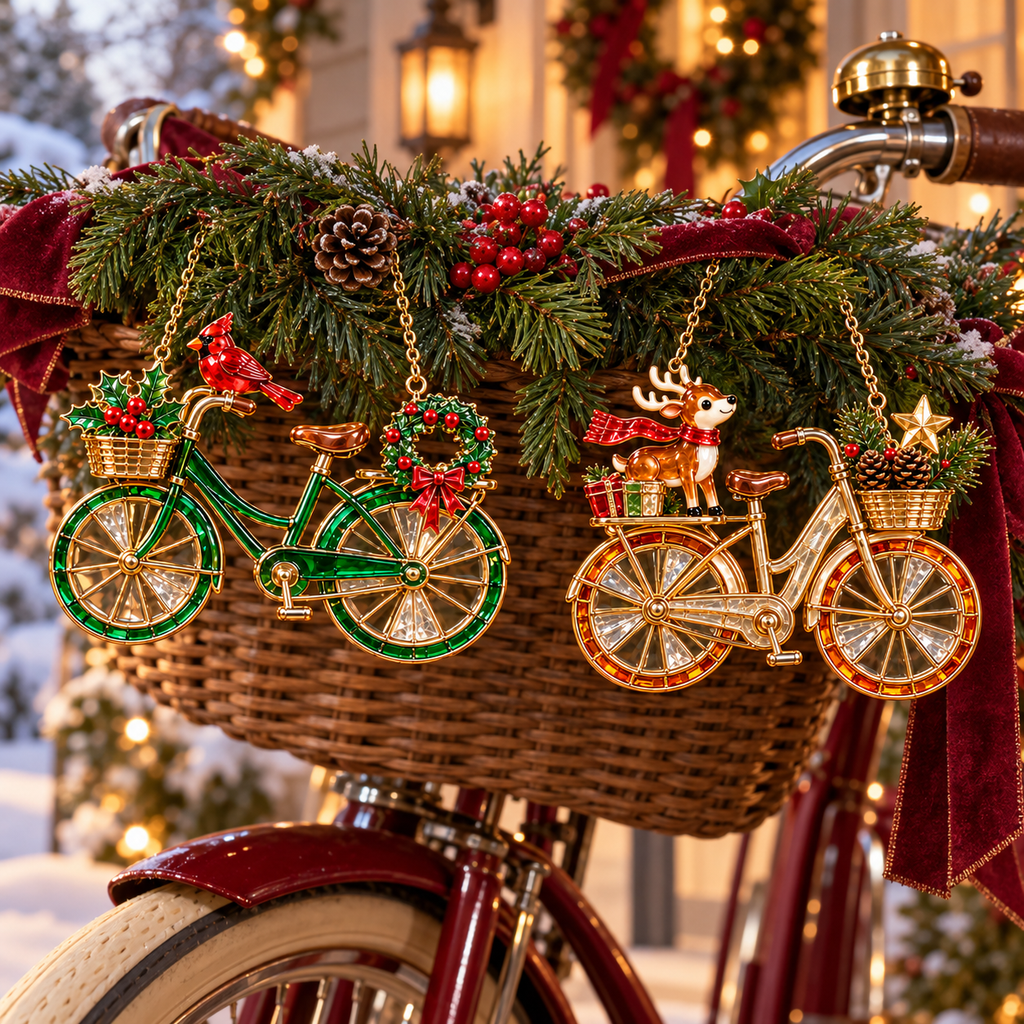 🎄 2026 Vintage Stained Glass Christmas Bicycle Ornaments – Set of 6