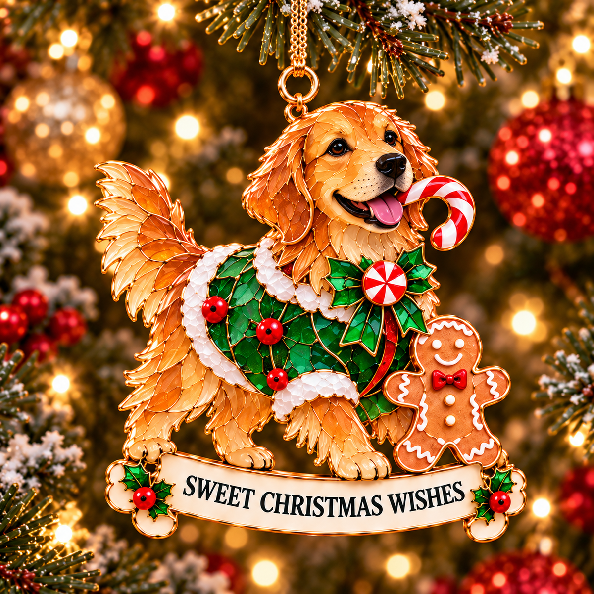 2026 Golden Retriever Christmas Ornaments – Set of 6 | Vintage Stained-Glass Style with Golden Accents & Heartwarming Holiday Wishes