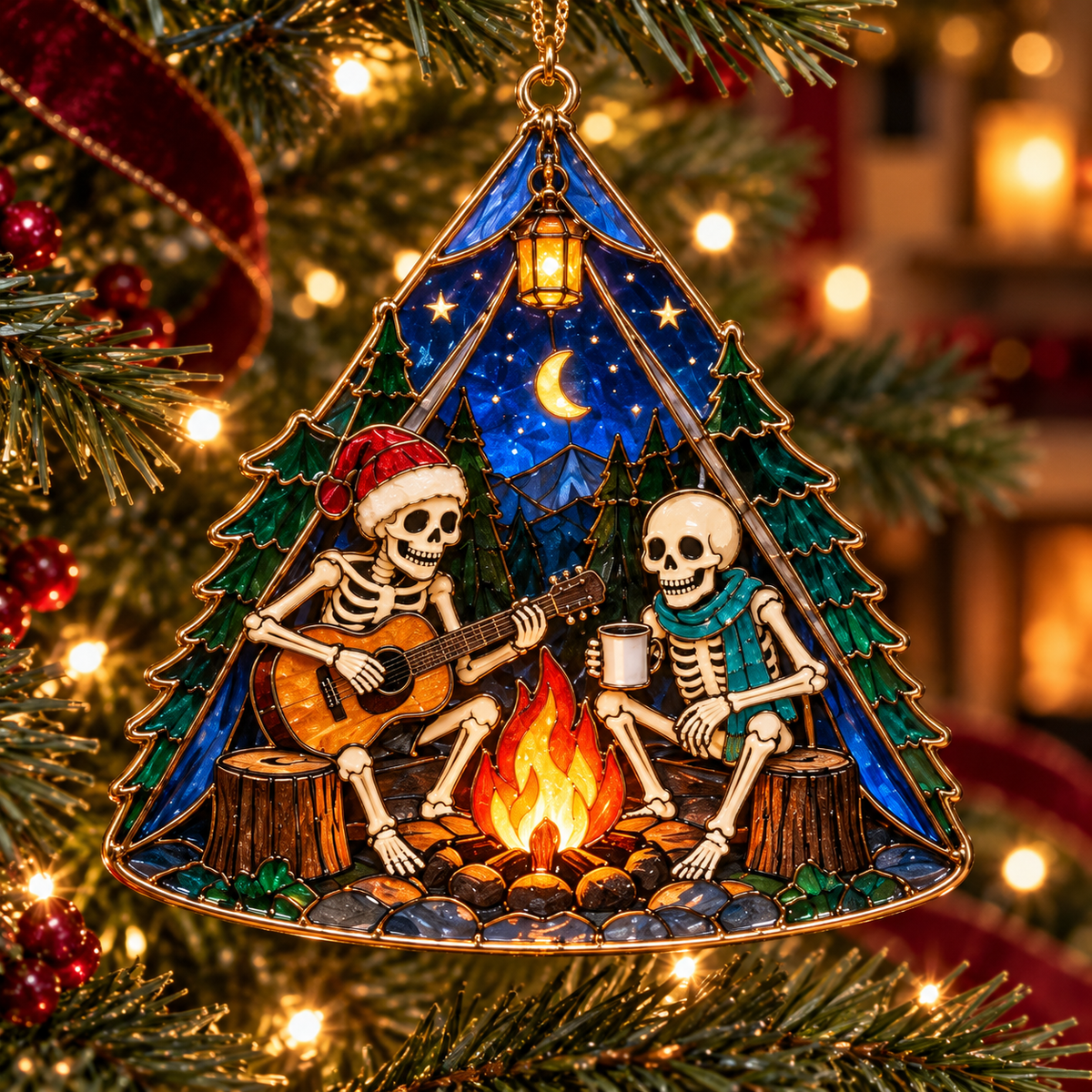 Friends for Eternity – Vintage Stained Glass Style Skeleton Christmas Ornaments, Set of 6