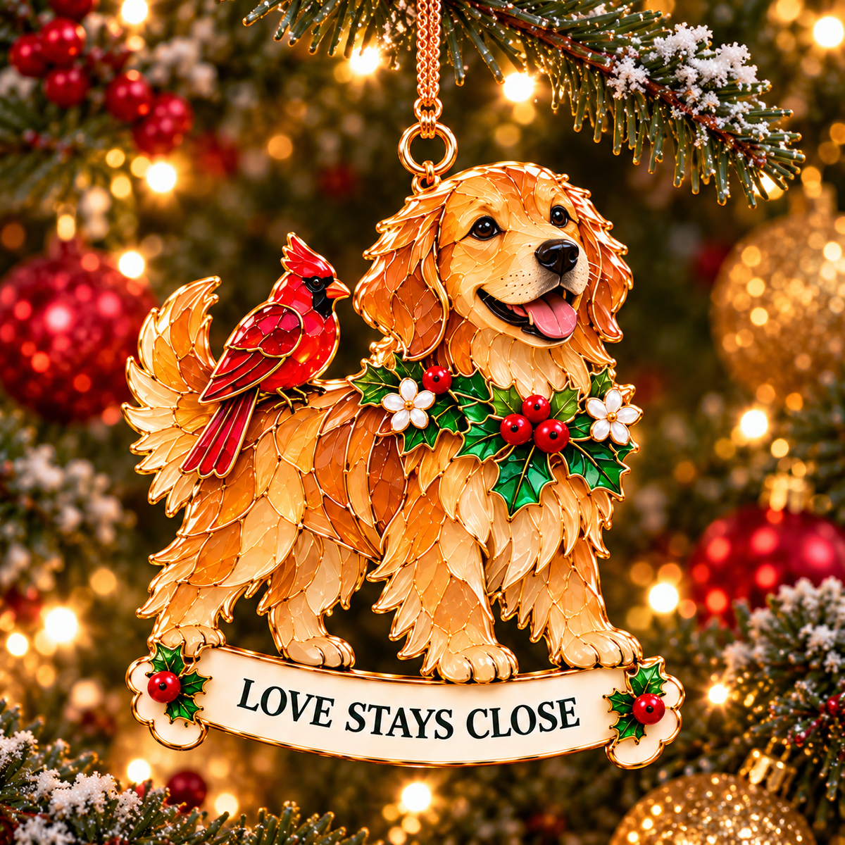 2026 Golden Retriever Christmas Ornaments – Set of 6 | Vintage Stained-Glass Style with Golden Accents & Heartwarming Holiday Wishes