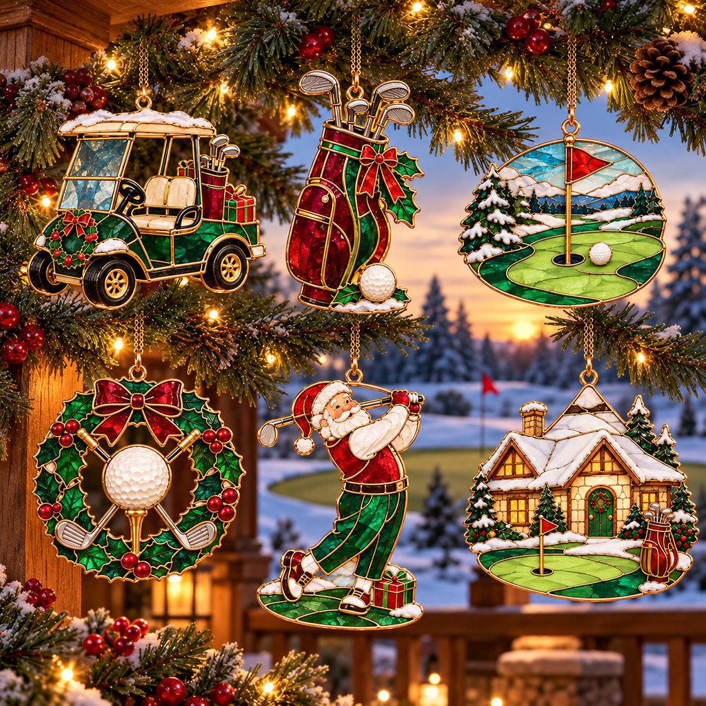 Tee Up the Holidays – Vintage Stained Glass-Style Golf Christmas Ornaments, 6-Piece Set