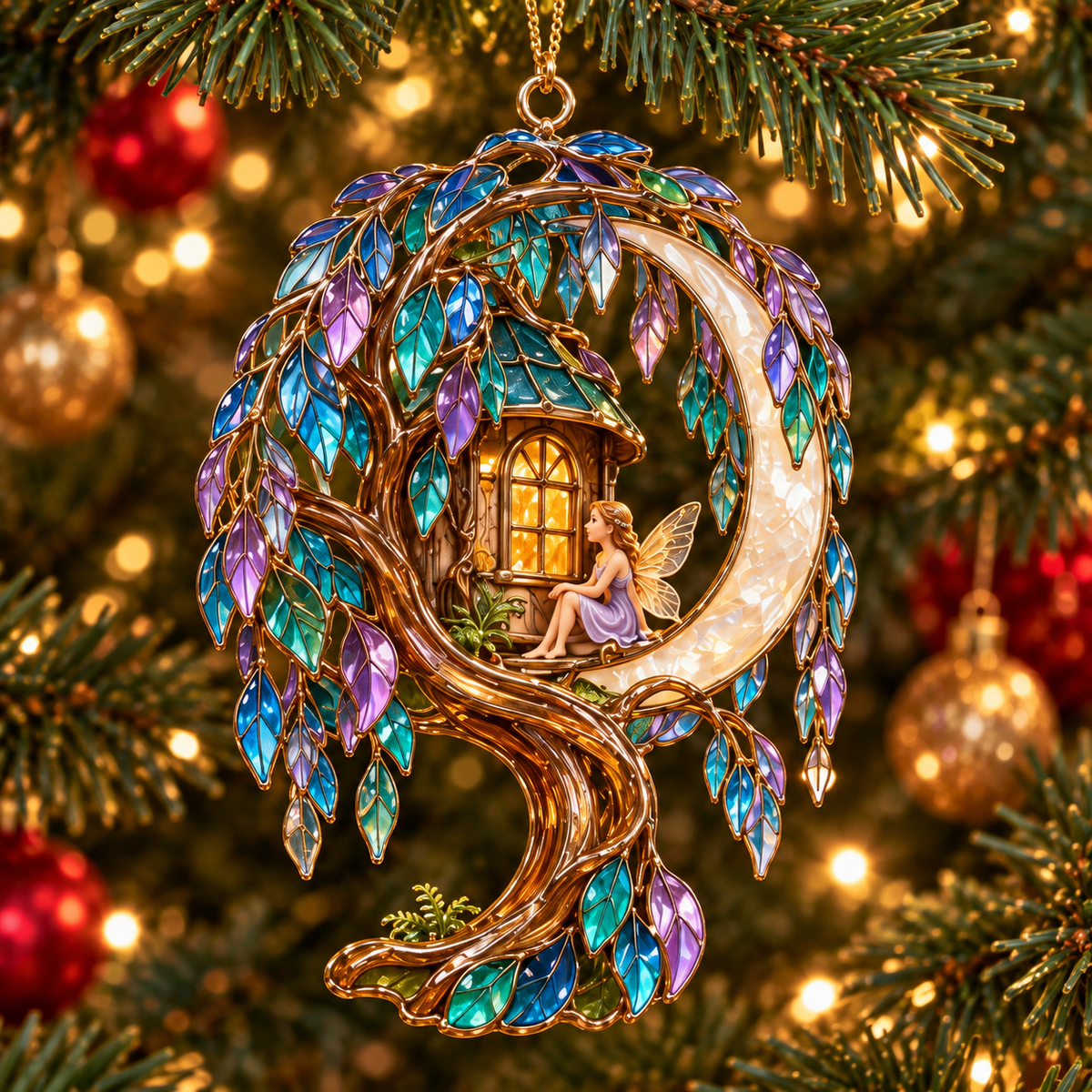 ✨ 2026 Enchanted Stained Glass Treehouse Christmas Ornaments – Set of 6 |  Fairy Tree Houses, Autumn Maple, Acorn Cottage & Moonlight Willow Hanging Decorations | Magical Christmas Tree Ornaments & Fairy Garden Gifts