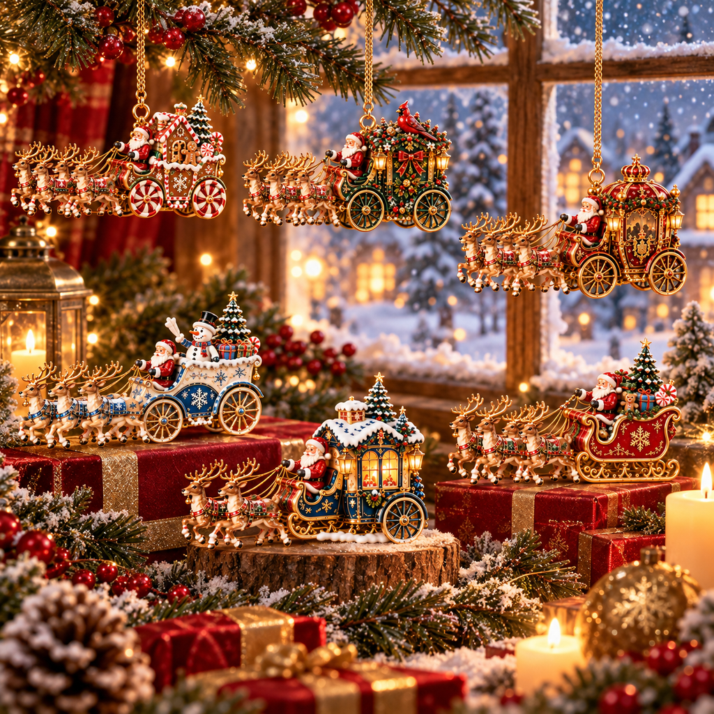 Santa’s Magical Christmas Journey – 6-Piece Vintage Reindeer Sleigh & Carriage Ornament Collection | Christmas Tree Decorations & Holiday Gifts