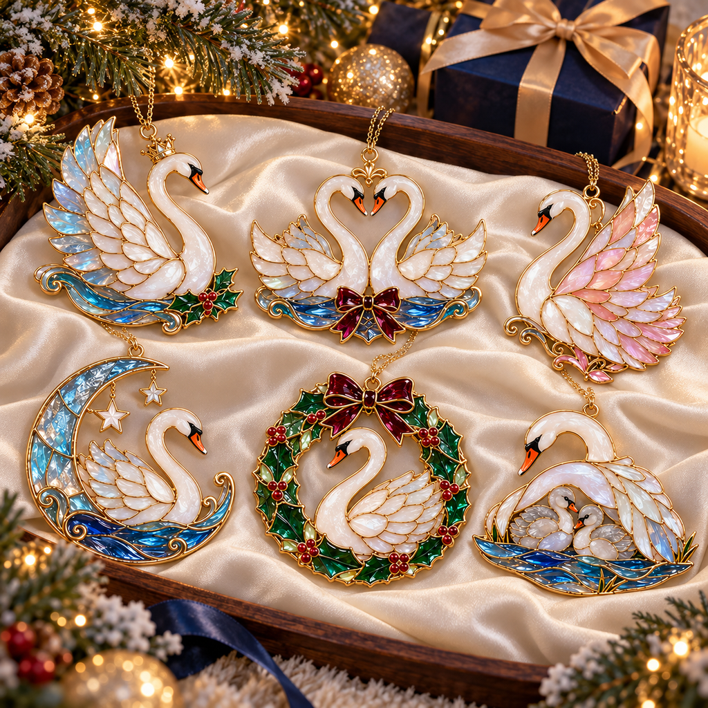 🎄 2026 Christmas Swan Ornaments – Set of 6 Elegant Holiday Keepsakes