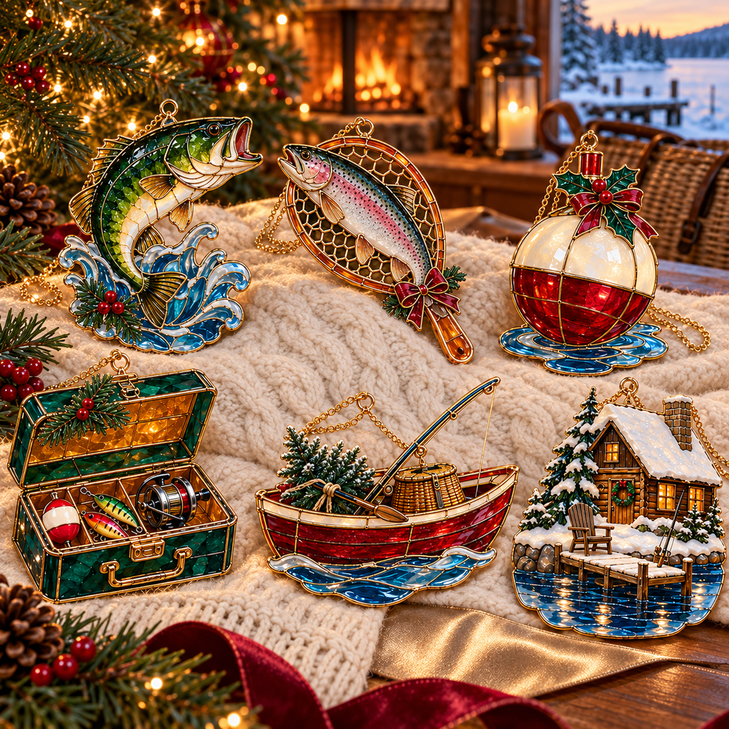 Reel in the Christmas Magic — Vintage Stained Glass–Style Fishing Ornaments, Set of 6
