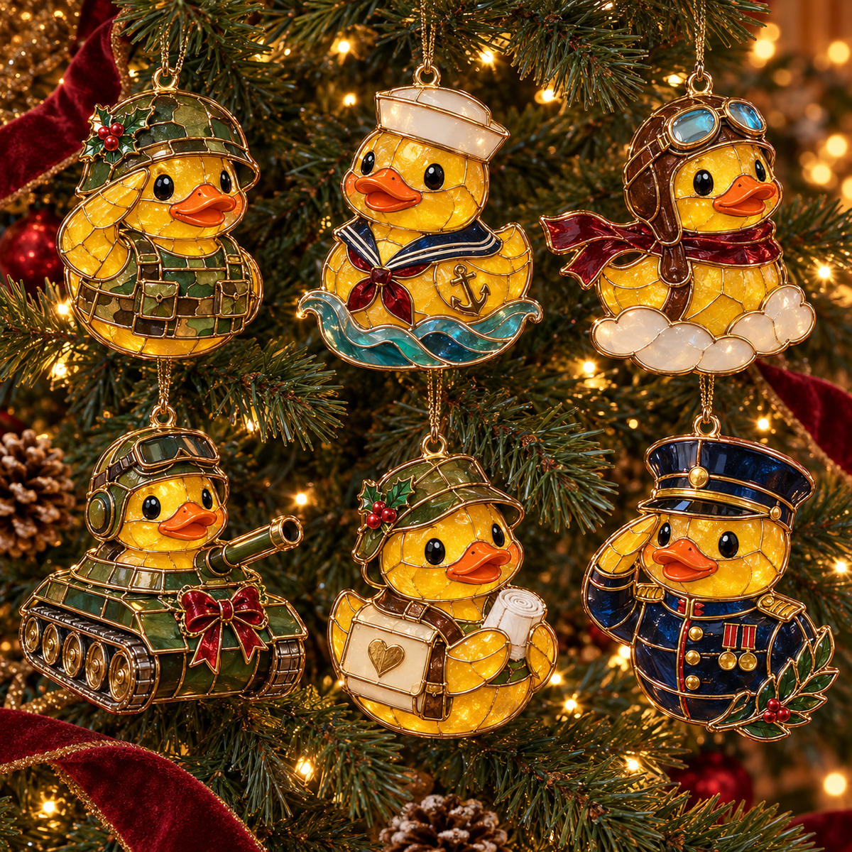 Military Duck Christmas Ornaments – 6-Piece Vintage Stained-Glass Style Gift Set