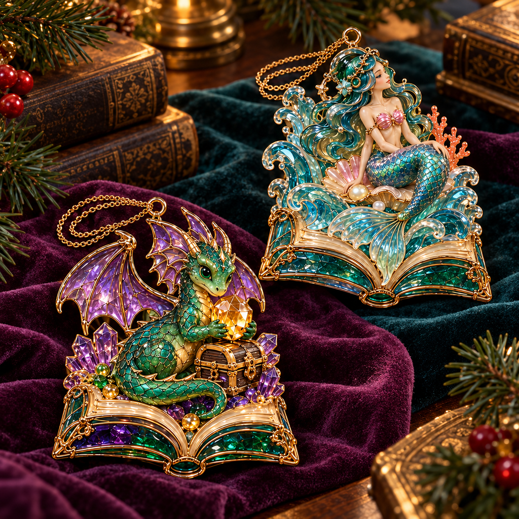 🎄 2026 Enchanted Storybook Christmas Ornaments – Set of 6 |  Stained Glass Fairy Tale Castle, Unicorn, Fairy, Mermaid, Dragon & Snowy Village Hanging Decorations | Magical Christmas Tree Ornaments & Fantasy Lover Gifts