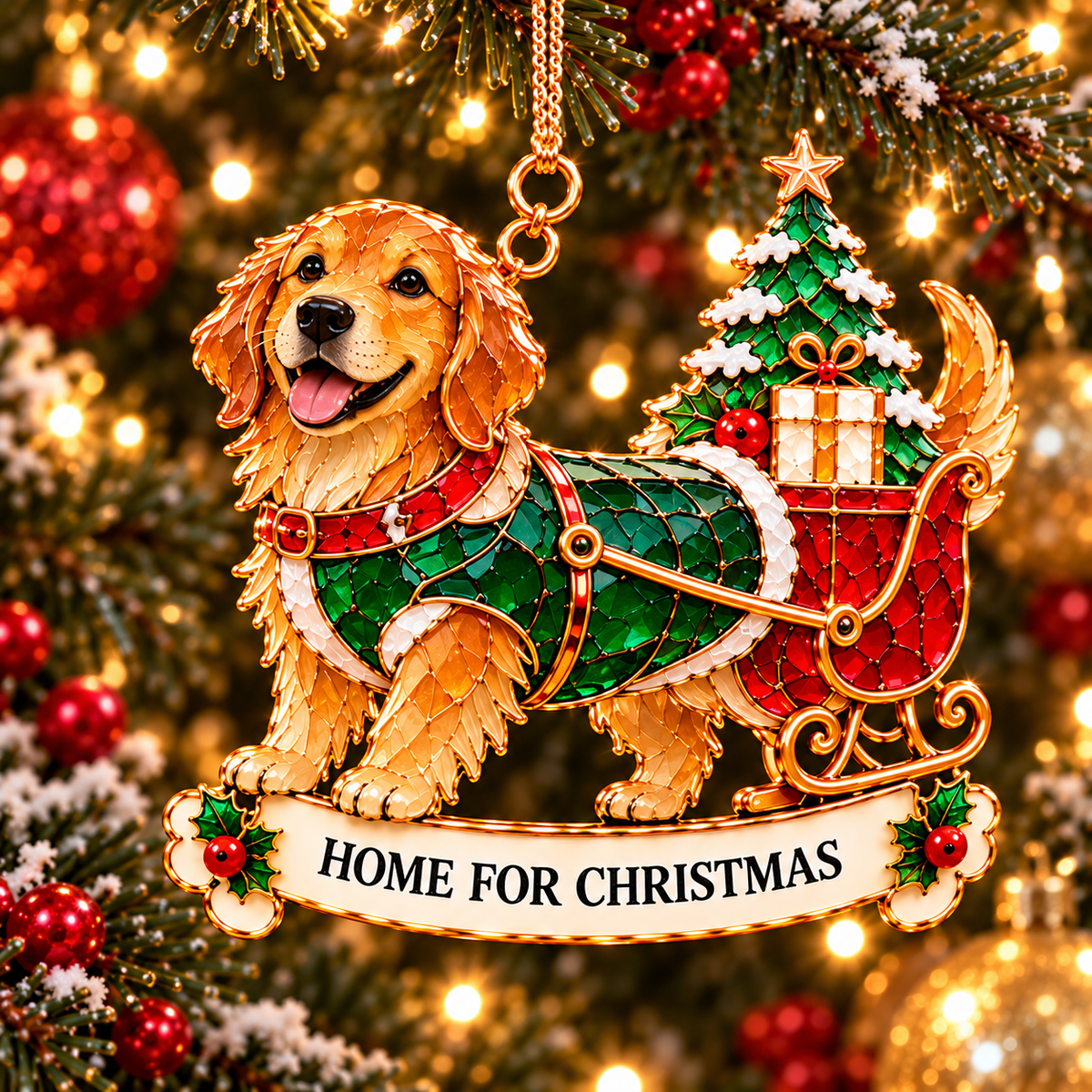 2026 Golden Retriever Christmas Ornaments – Set of 6 | Vintage Stained-Glass Style with Golden Accents & Heartwarming Holiday Wishes