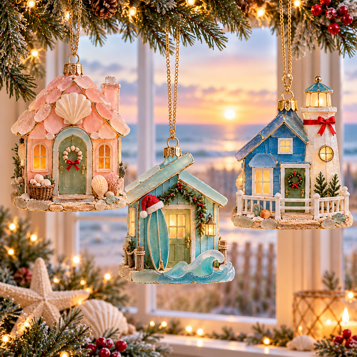 🌊 2026 Coastal Christmas Cottage Ornaments – Set of 6 Beach House Holiday Keepsakes