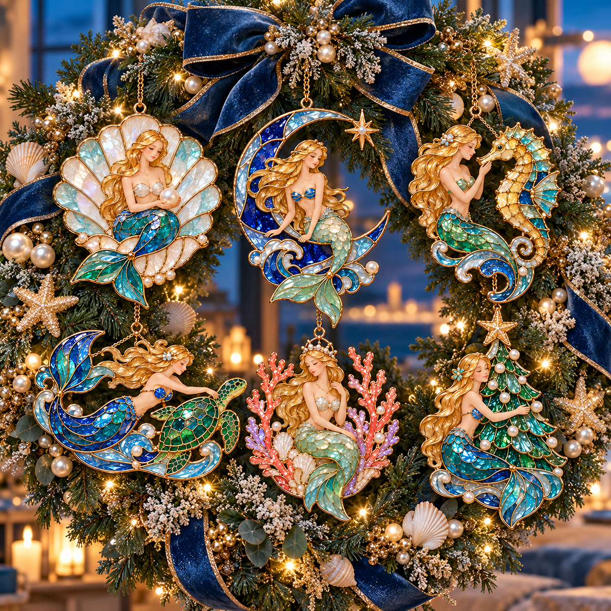 Ocean Enchantment – Vintage Stained-Glass Style Mermaid Christmas Ornaments, Set of 6