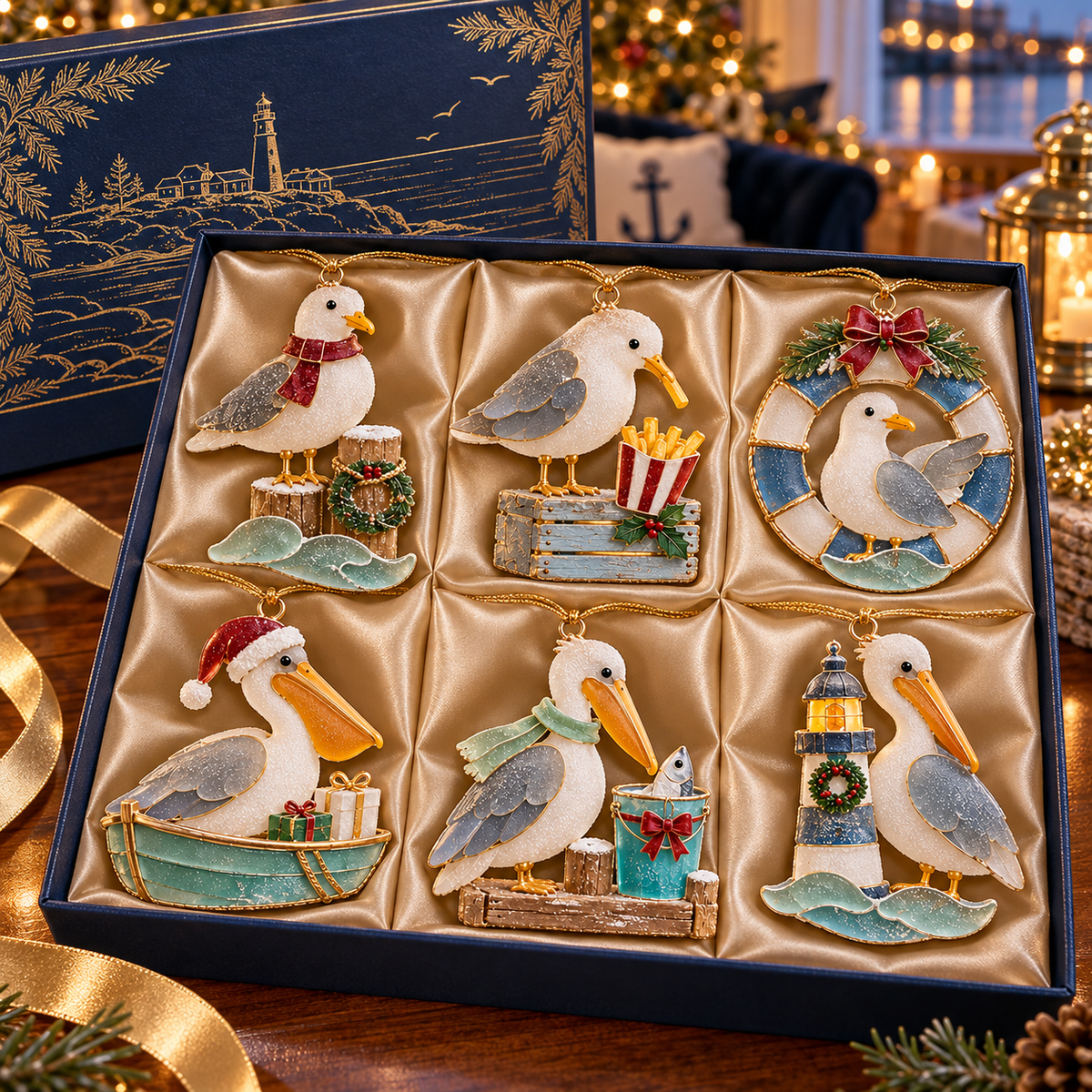 🌊 2026 Coastal Christmas Seabird Ornaments – Set of 6 Festive Seagull & Pelican Keepsakes