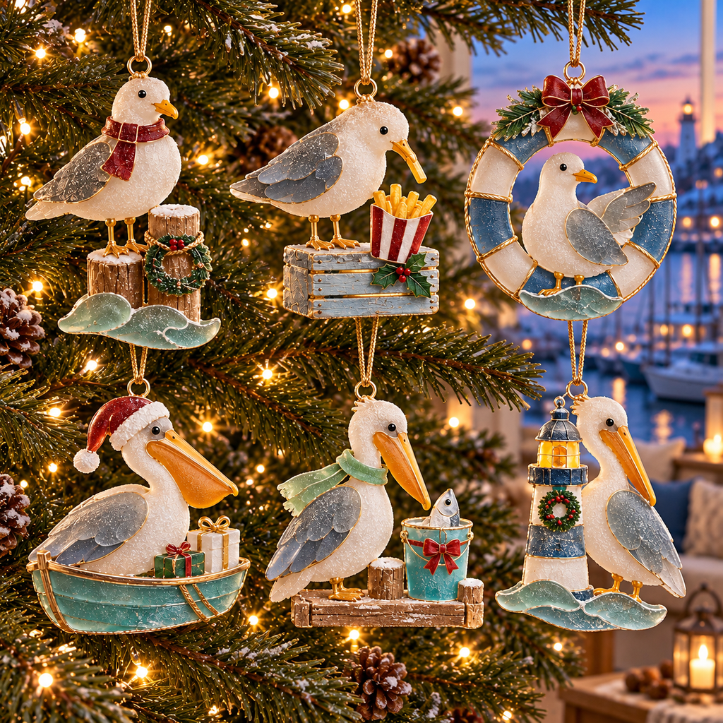 🌊 2026 Coastal Christmas Seabird Ornaments – Set of 6 Festive Seagull & Pelican Keepsakes