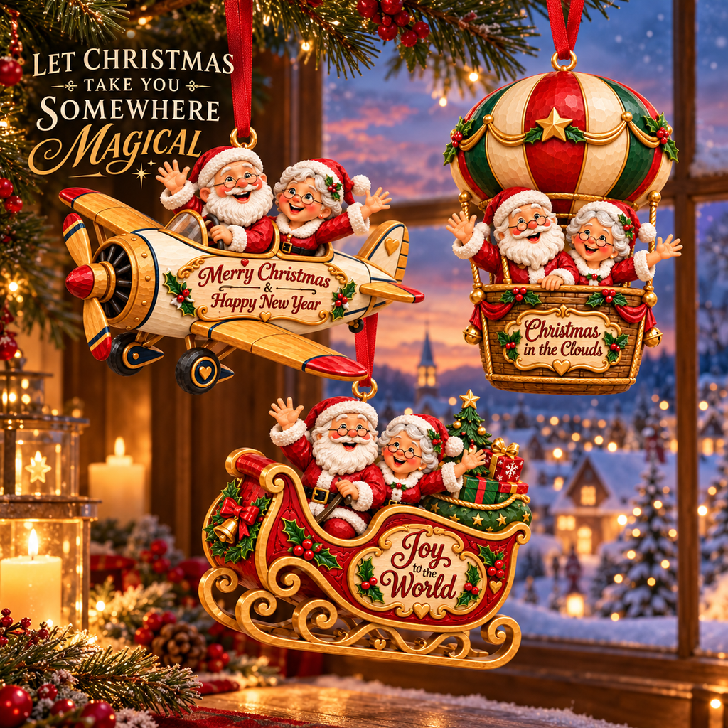 Santa & Mrs. Claus Christmas Adventures – Festive Tree Ornaments in 6 Charming Designs
